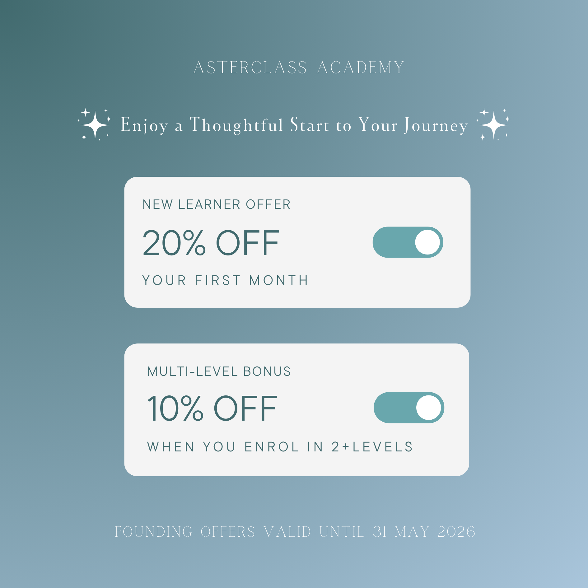 Digital promotional graphic for Asterclass Academy showcasing special offers, including 20% off first month and 10% off multi-level bonus.