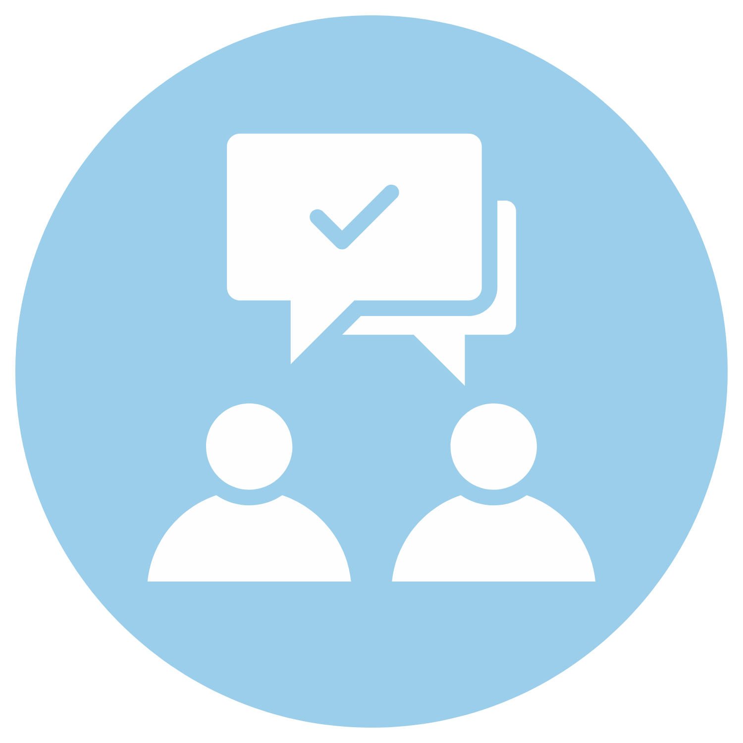 Icon of two people with a speech bubble containing a check mark above them, representing communication or approval.