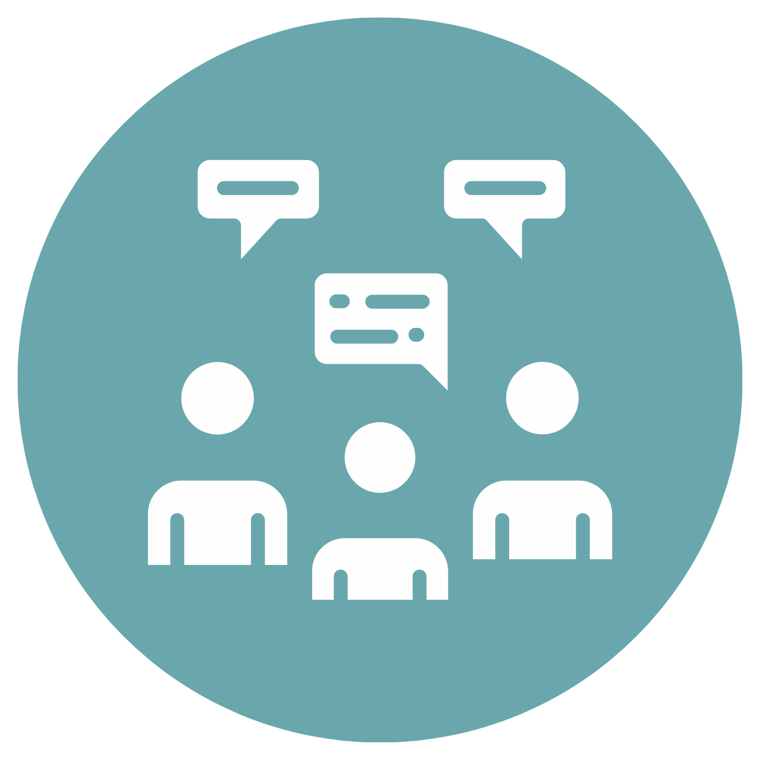 Icon of three people having a conversation with speech bubbles.