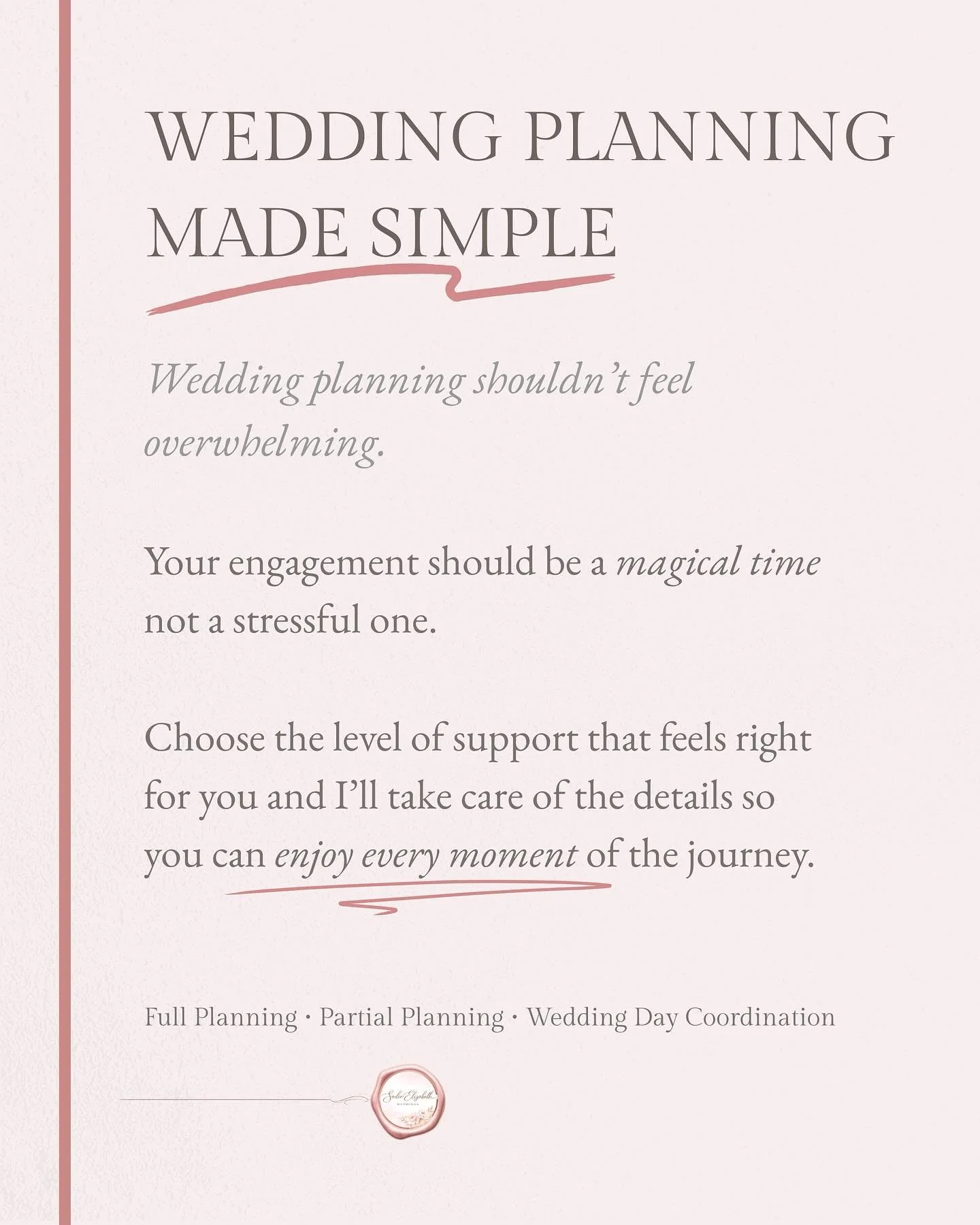 Feeling overwhelmed by wedding planning? You&rsquo;re not alone.

Planning a wedding is exciting, but it can quickly become stressful when you&rsquo;re juggling venues, suppliers, budgets and timelines.

That&rsquo;s where I come in.

At Sadie Elizab