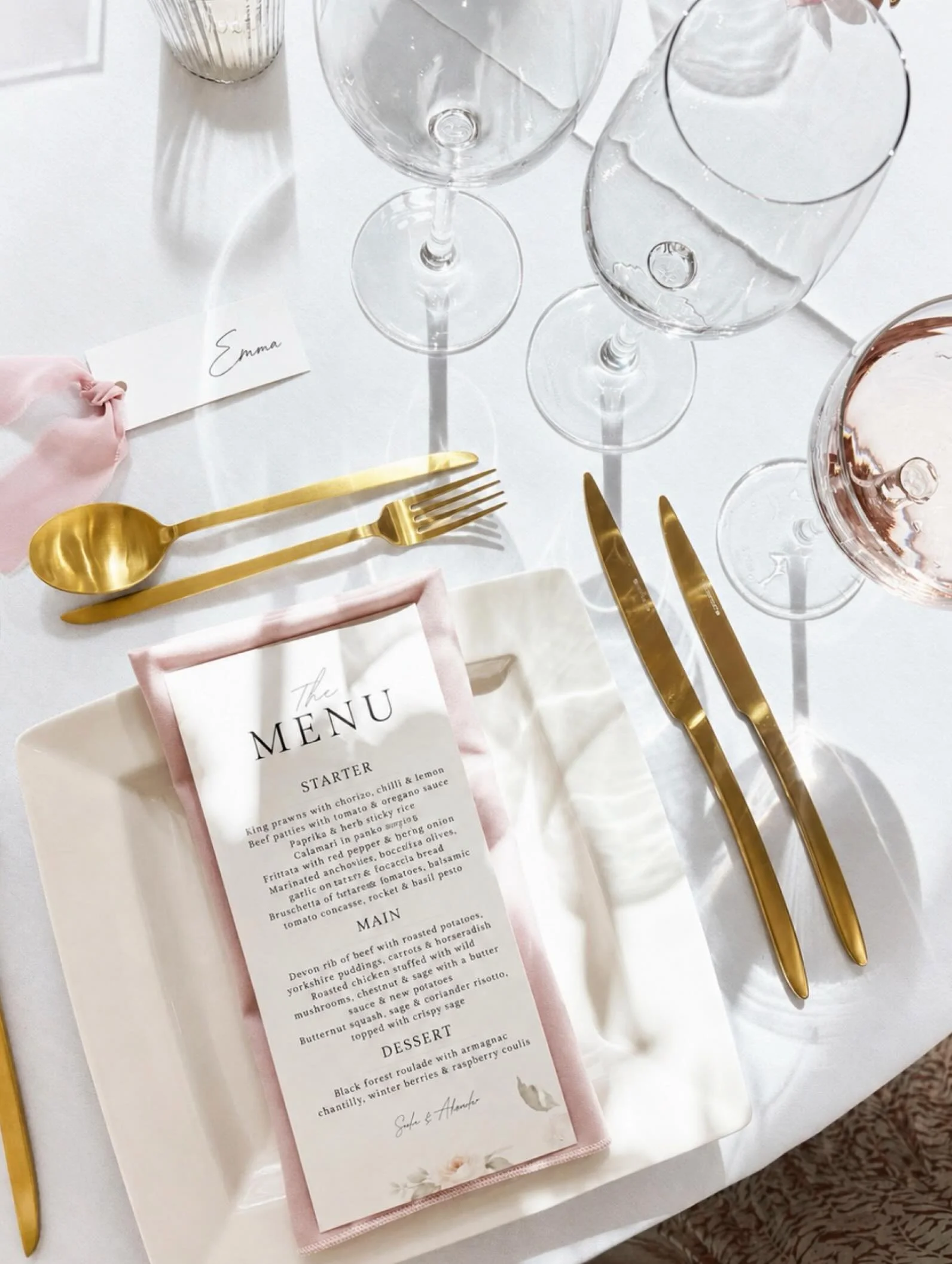 Soft blush tones, gold details and timeless stationery 🤍

One of my favourite parts of wedding styling is how all those little planned details come together to create something that feels effortless.

I designed the menu cards to complement the roma