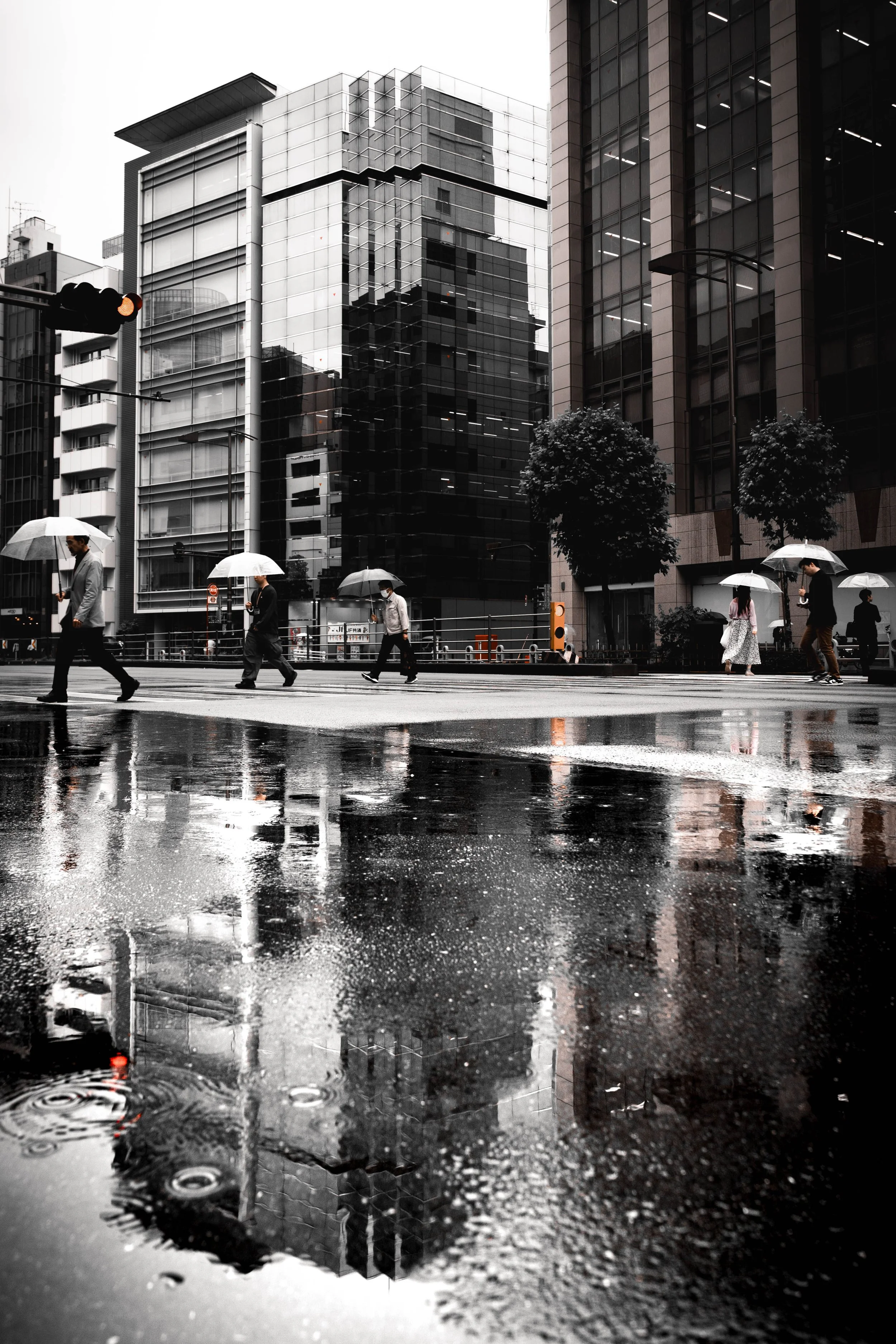Menschen mit Regenschirmen überqueren nasse Straße in städtischer Umgebung, reflektierende Pfützen und moderne Gebäudefassaden im Hintergrund.