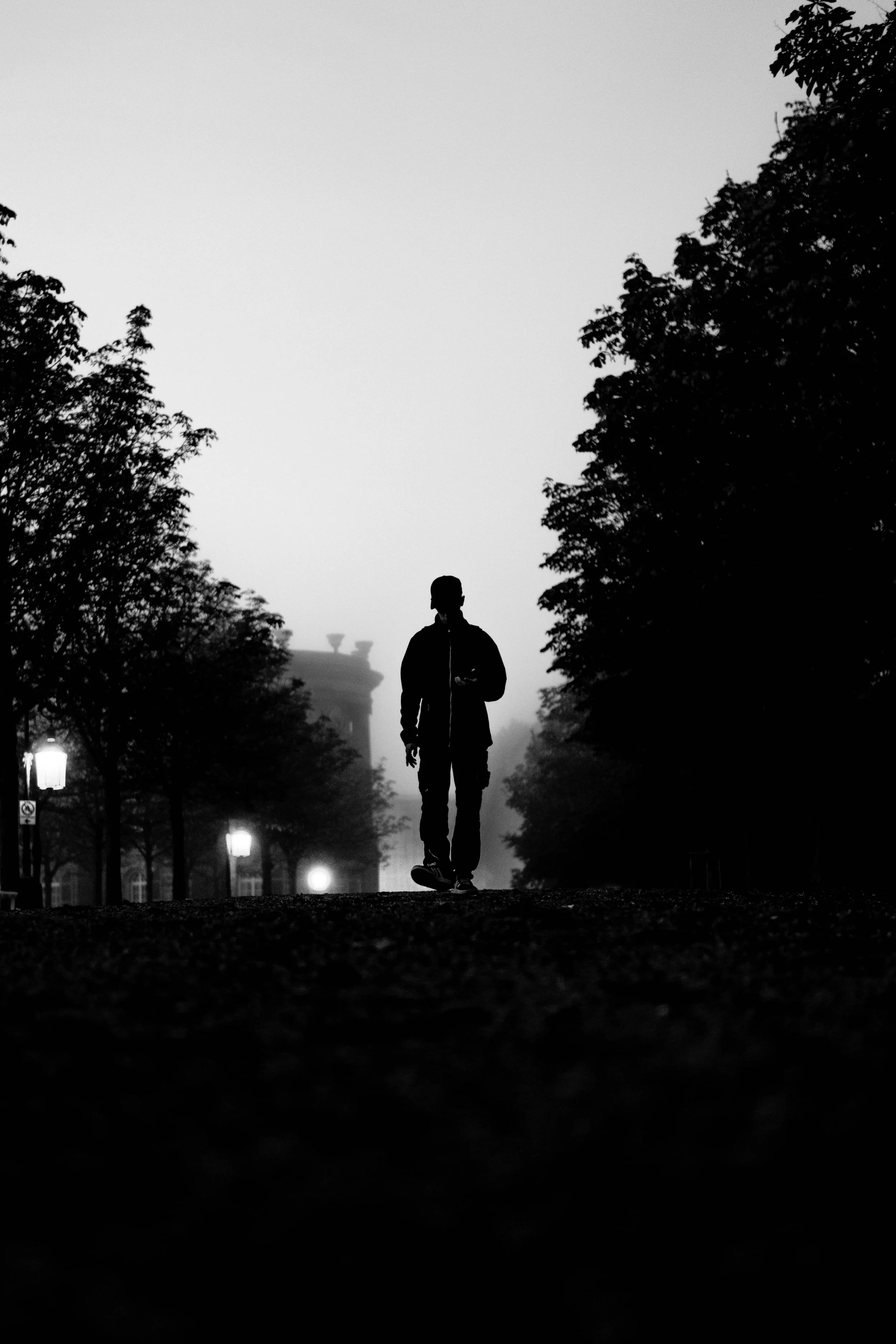 Schwarzweißbild eines einsamen Menschen, der eine Straße entlang geht, umgeben von Bäumen mit Straßenlaternen, im Nebel