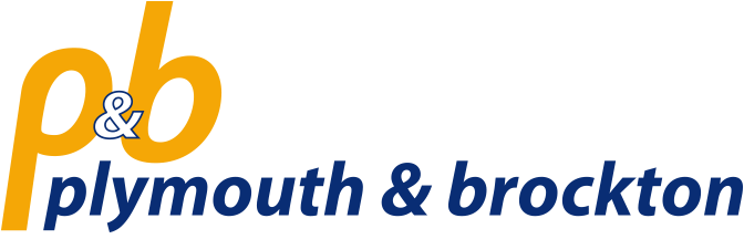 Logo with yellow and blue text reading 'p&b plymouth & brockton' on a black background.