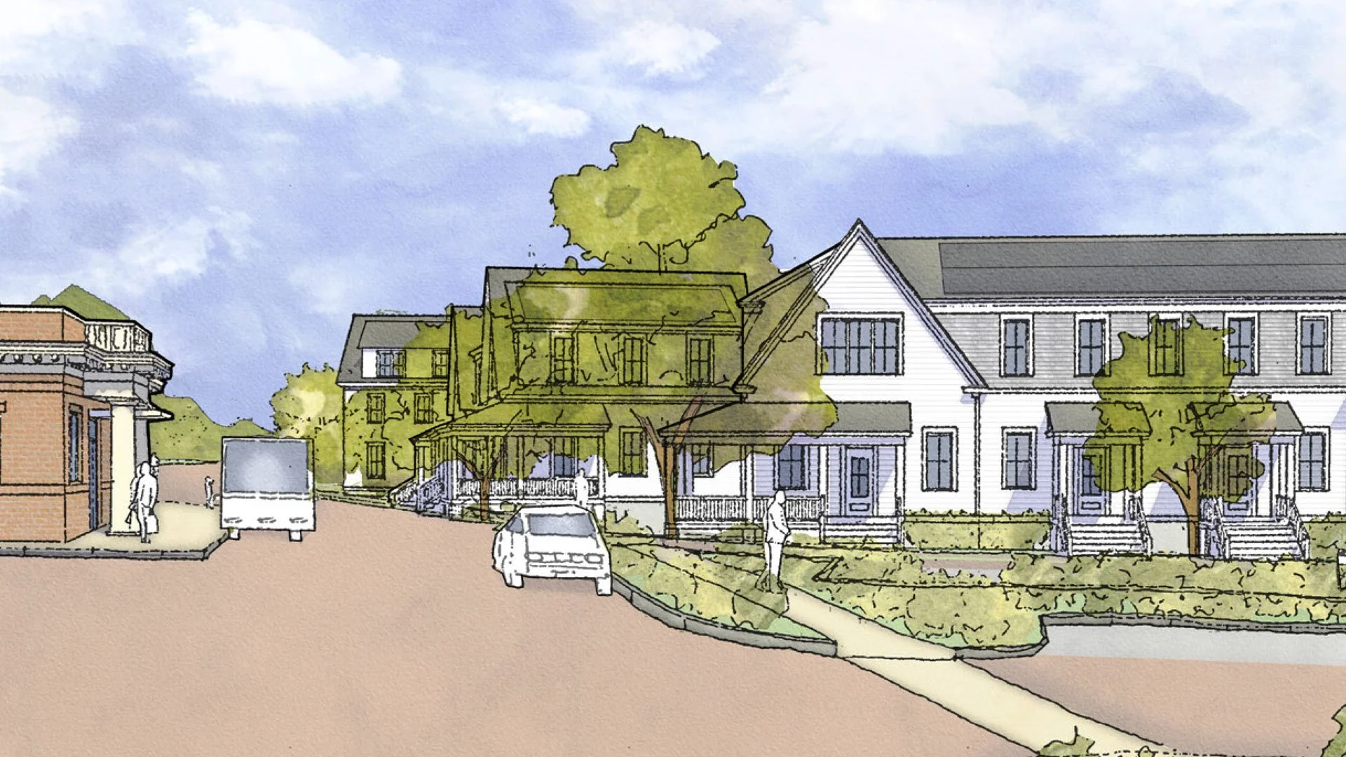 A watercolor illustration of a residential street with trees, multi-story houses, parked cars, and people walking on the sidewalk. The sky is partly cloudy.