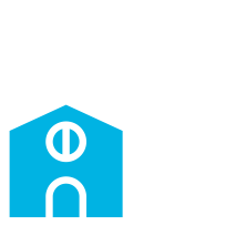 Simplified illustration of a house with a pitched roof and a garage or additional structure on the right, depicted in white and blue.