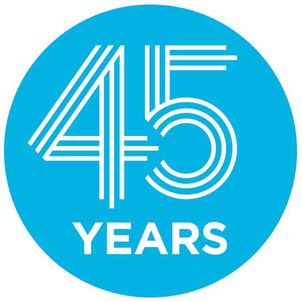 Blue circular logo with white stylized text reading '45 YEARS' indicating a 45th anniversary or milestone.