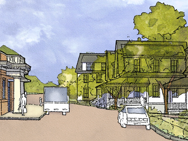 Illustration of a street scene with multi-story houses, cars parked along the street, a delivery truck, a person walking, and trees under a blue sky.