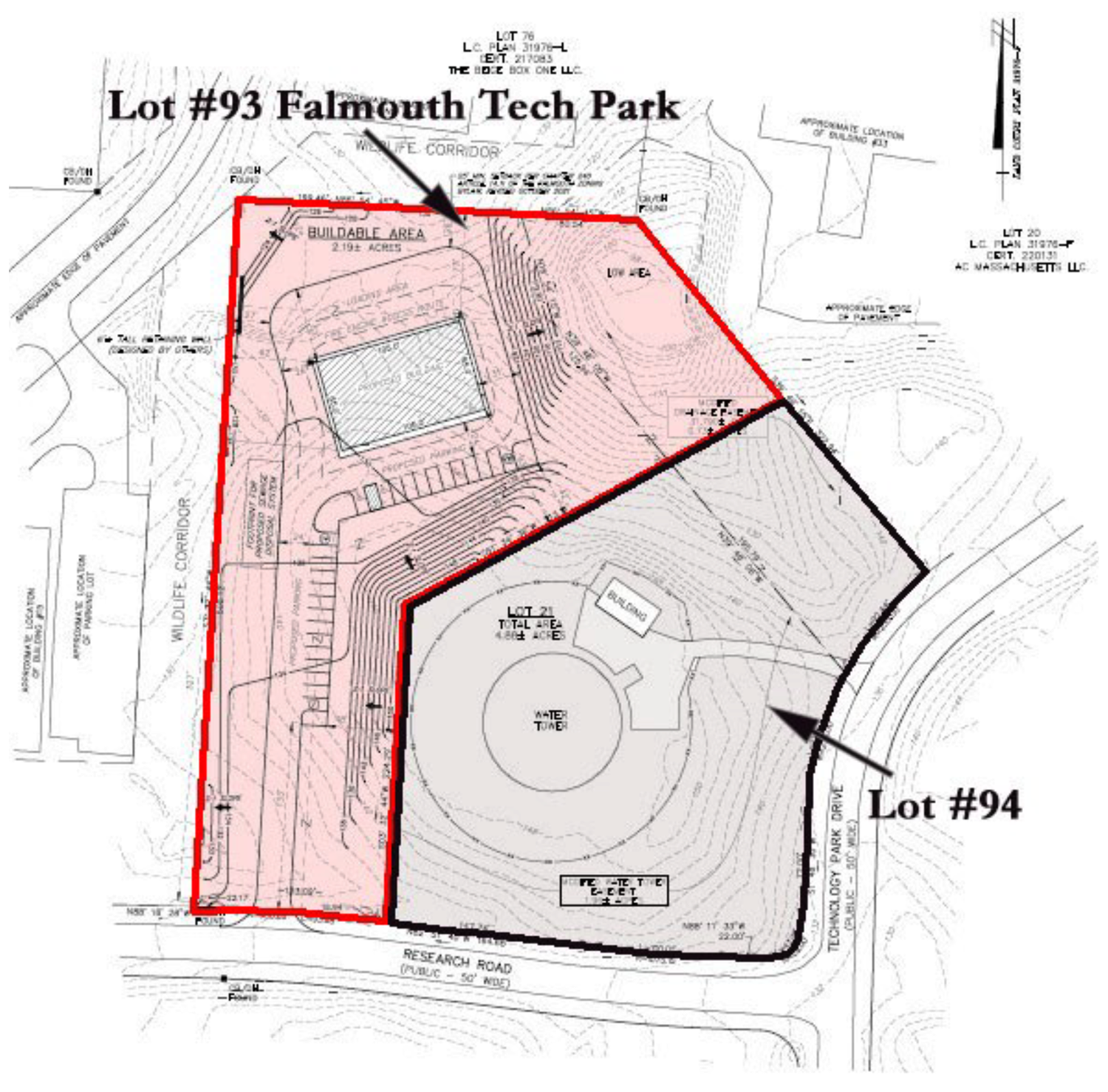 A detailed site plan map for a development project, showing lot boundaries, building areas, roads, and topographical contour lines. Highlighted sections include Lot #93 Falmouth Tech Park outlined in red and Lot #94 outlined in black, with labels for buildable areas, water tower, and various road and infrastructure details.