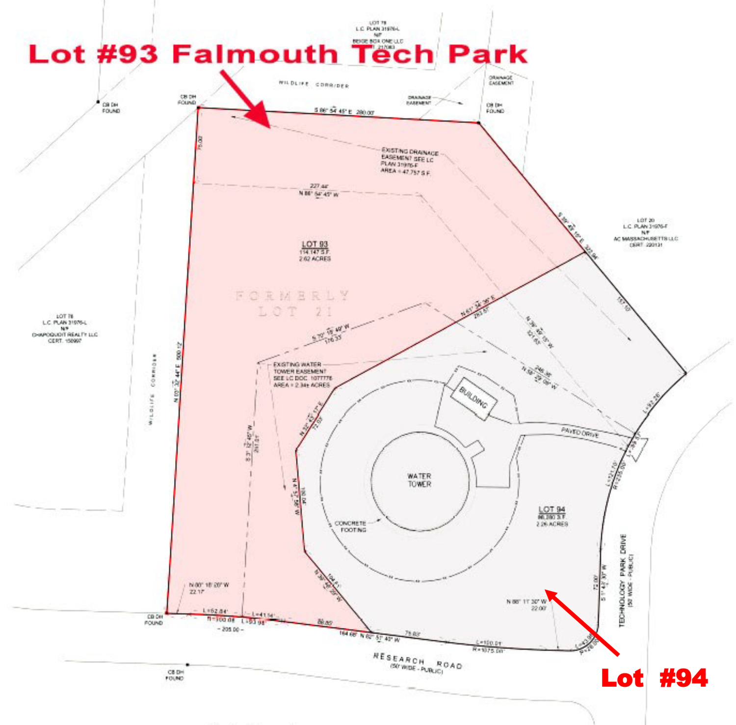 A detailed land survey map showing lot boundaries, lot numbers, and measurements. The map highlights Lot #93 Falmouth Tech Park and Lot #94, with annotations regarding drainage, water towers, and existing infrastructure.