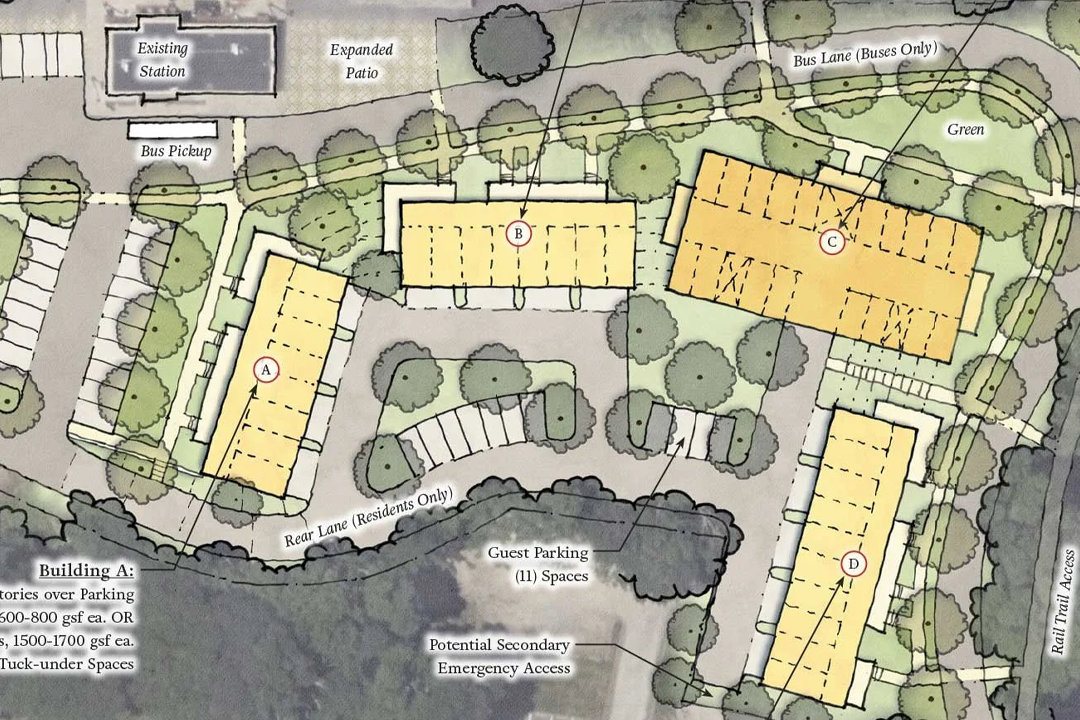 A site plan showing multiple buildings labeled A, B, C, D, surrounding parking areas including guest parking, emergency access, bus pick-up and bus lane, as well as landscaped areas with trees, a trail, and an existing station with an expanded patio.