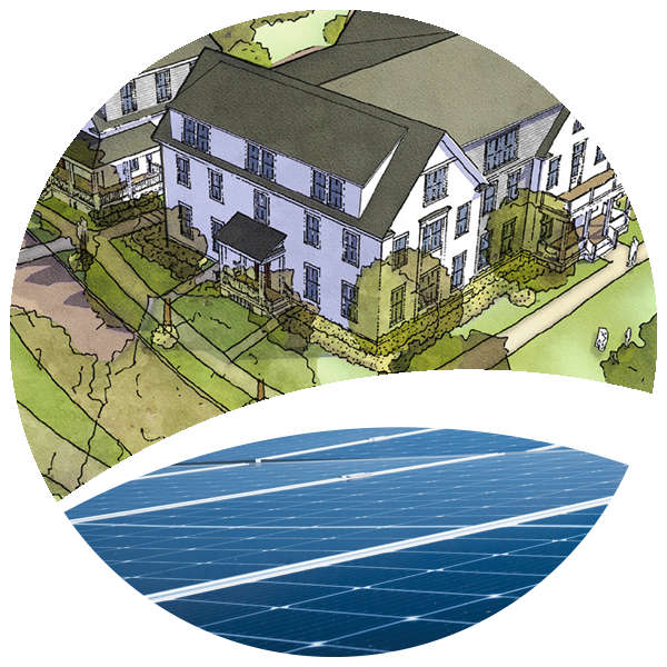 Illustration of a residential building with green surroundings and solar panels on the roof.