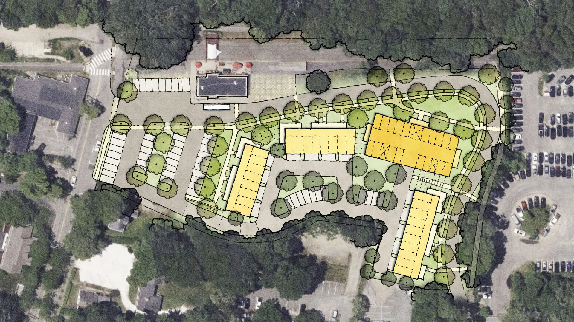 An aerial view of a construction blueprint overlaid on a satellite image showing a building complex with several yellow-roofed structures, parking lots, and surrounding trees.