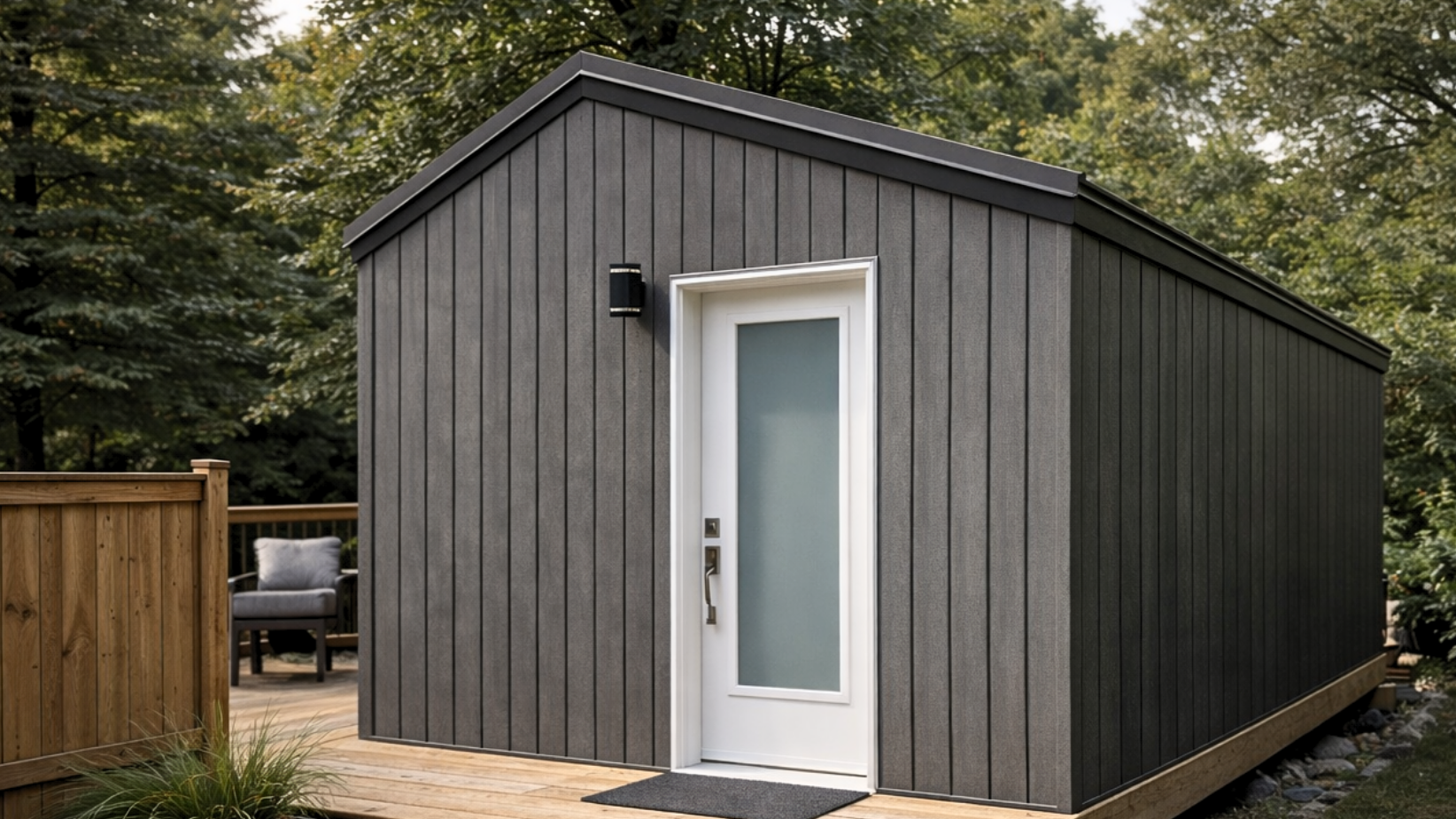 Exterior image of a black ADU with a brown fence built with the HARMONIC building envelope.