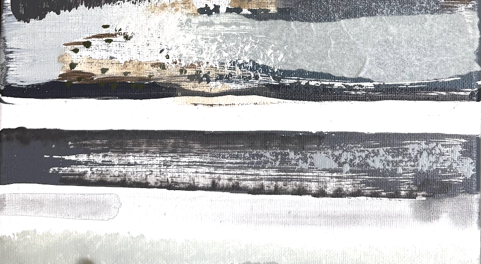Abstract painting with horizontal brush strokes in shades of black, gray, and brown on a textured background.
