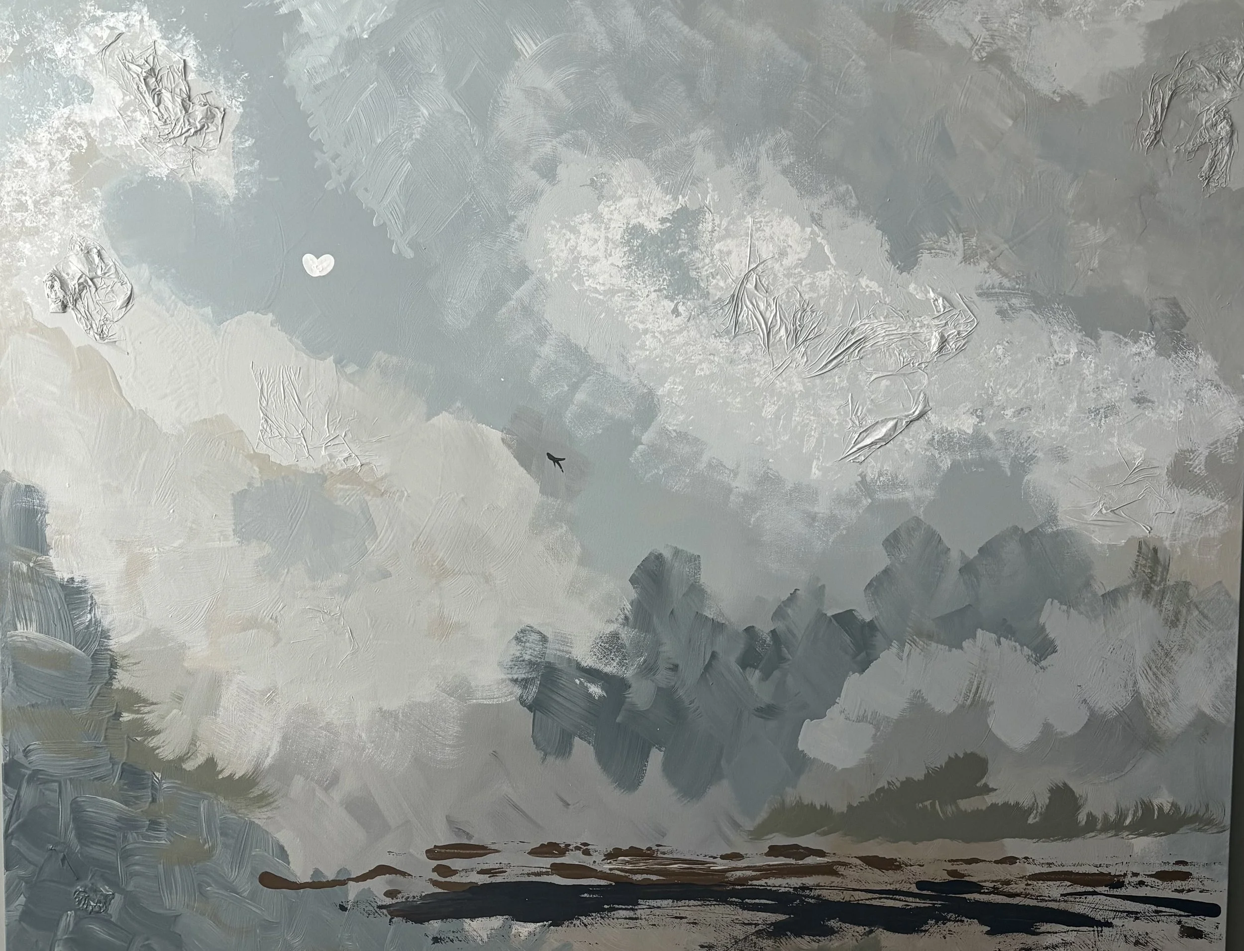 Abstract painting of a cloudy sky with a small black bird flying, a white heart-shaped object, and a landscape with trees and a lake.