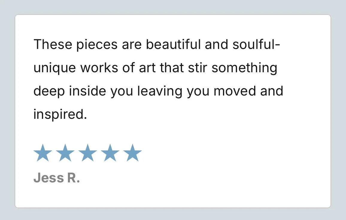 Customer review with five stars and a positive message about art pieces that inspire and resonate deep inside.