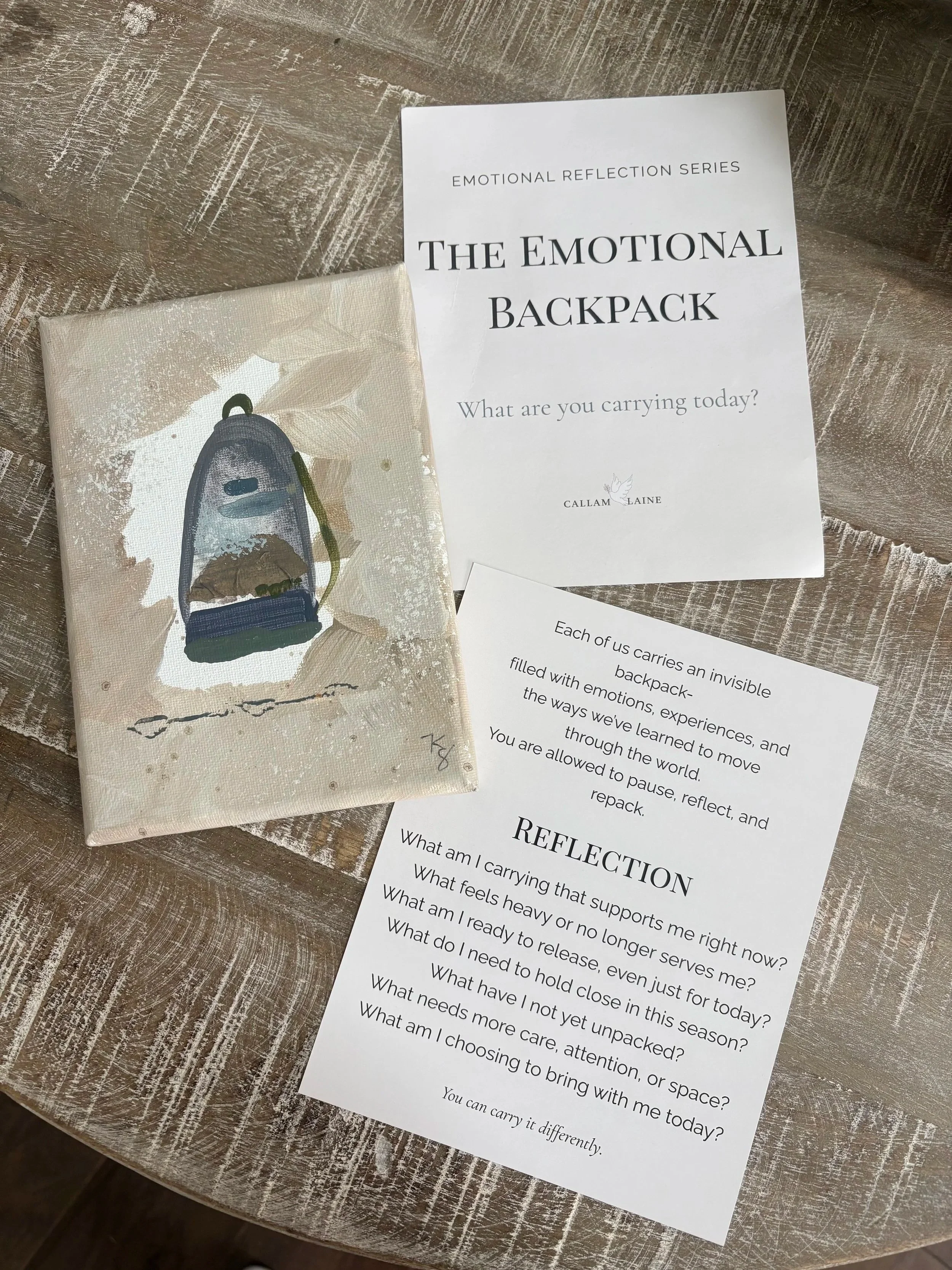 5x7 hand-painted backpack artwork from the What We Carry collection displayed with a Callam Laine reflection card.