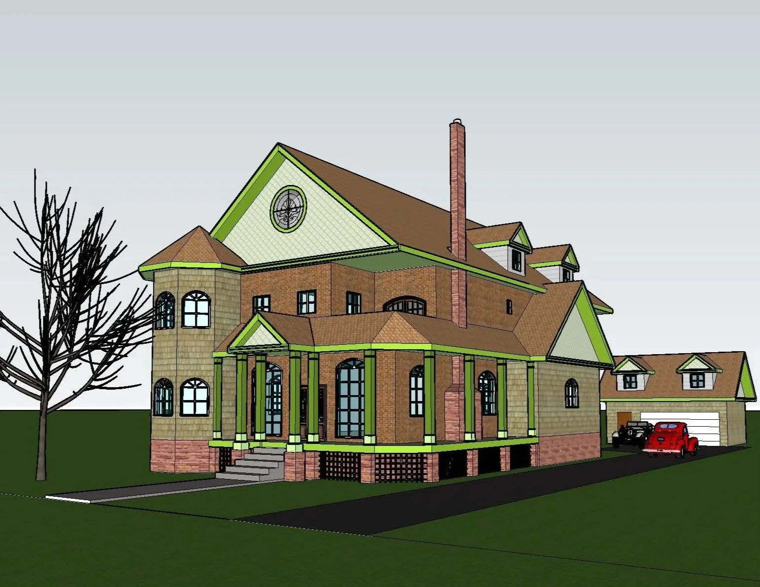 A digital rendering of a large, multi-story house with brick and green accents, a tall chimney, and a wrap-around porch with columns, surrounded by a yard with a leafless tree and a driveway with two parked cars.