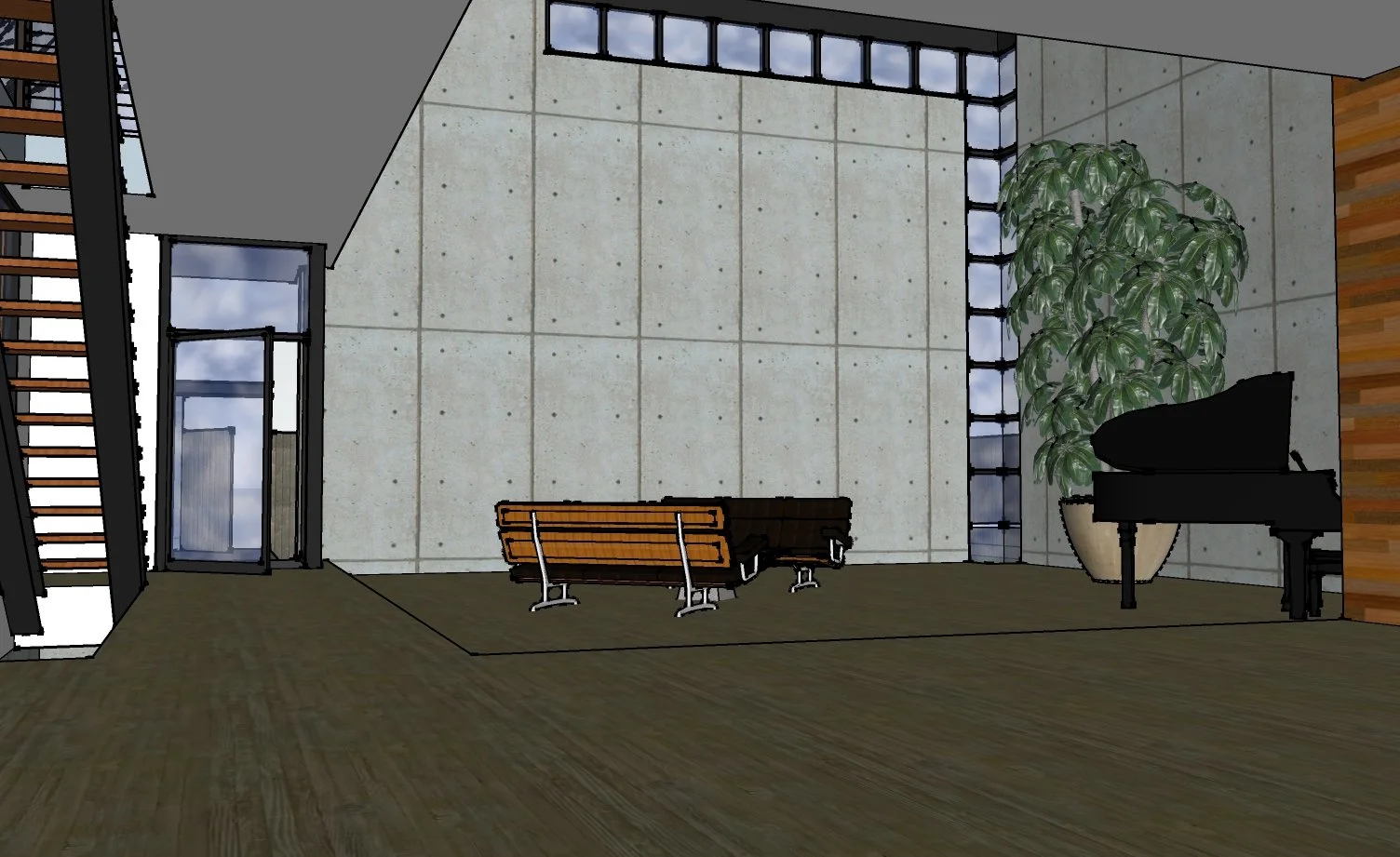 An interior modern lobby with large windows, a potted plant, a grand piano, wooden benches, and a staircase.