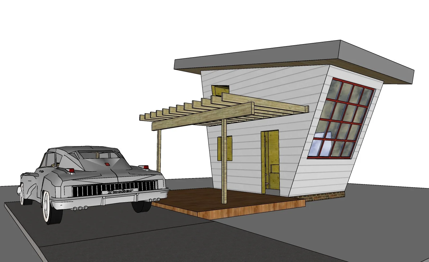 A 3D rendering of a modern, tilted house with large red-framed windows, white exterior, brick foundation, a wooden deck, and a vintage car parked in front.
