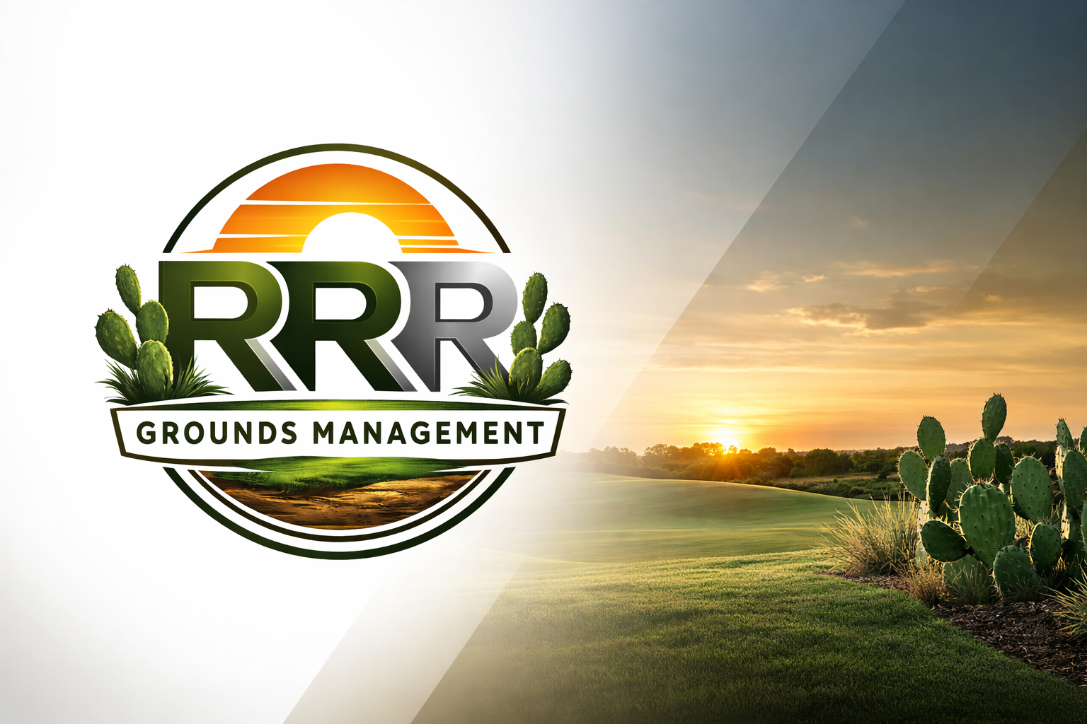Grounds Management logo with desert landscape at sunset, including cacti and greenery.
