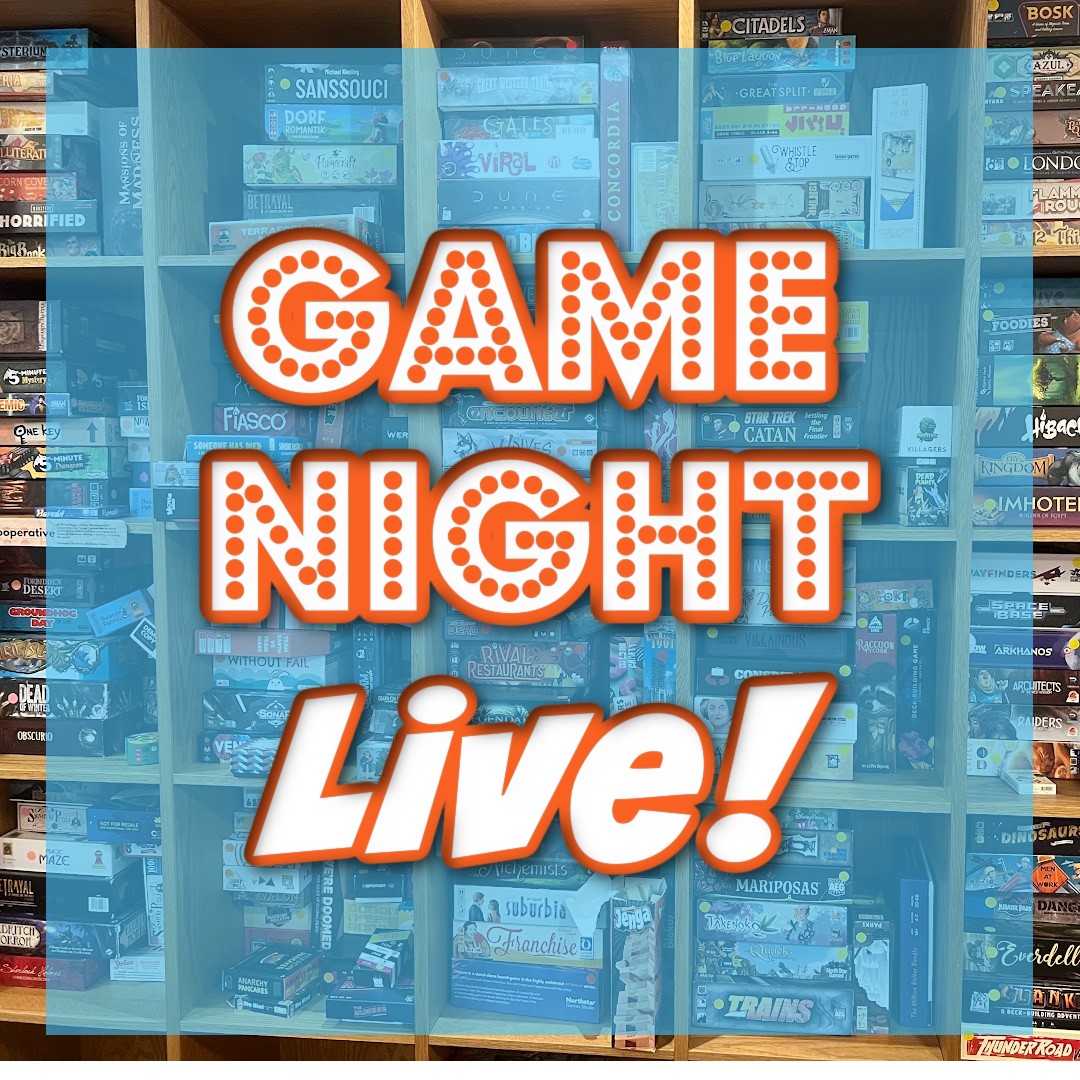 A background of shelves filled with various board games and tabletop games.