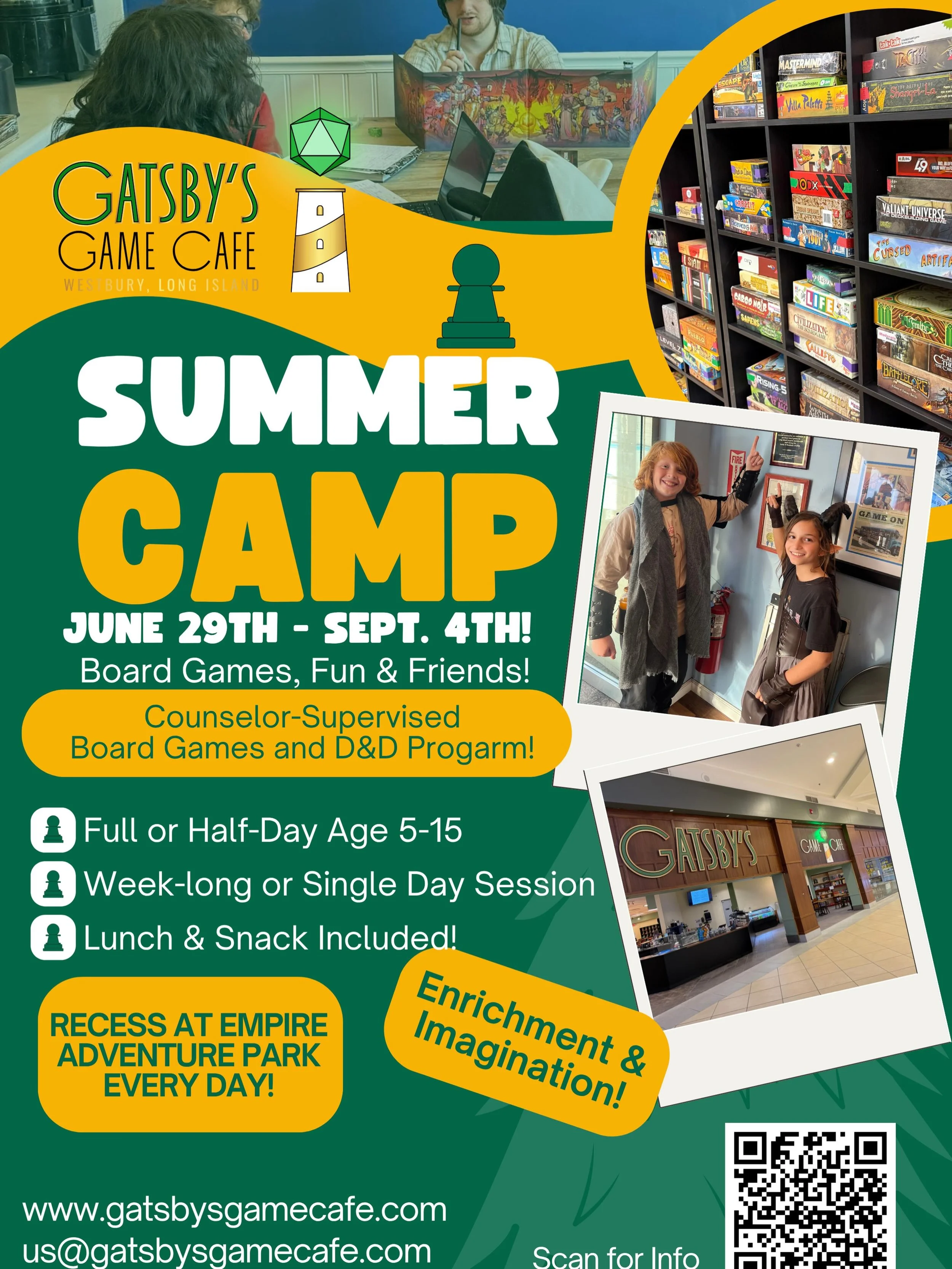 Summer Camp at Gatsby&rsquo;s Game Cafe! Full and half day sessions! Beat the heat and make friends all summer!

#longisland #summercamp #dungeonsanddragons #boardgames