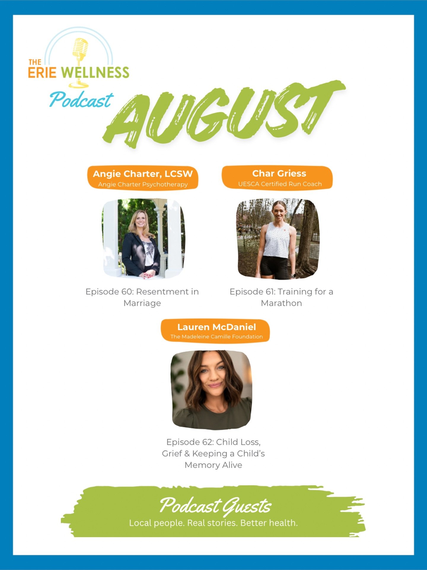Three conversations. Three local experts 👇🏼

Here&rsquo;s a look back at our August episodes @theeriewellnesspodcast.

Which conversation resonated with you the most?

Episide 60 with Angie Charter of @angiecharterlcsw 
Episode 61 with Char Griess 