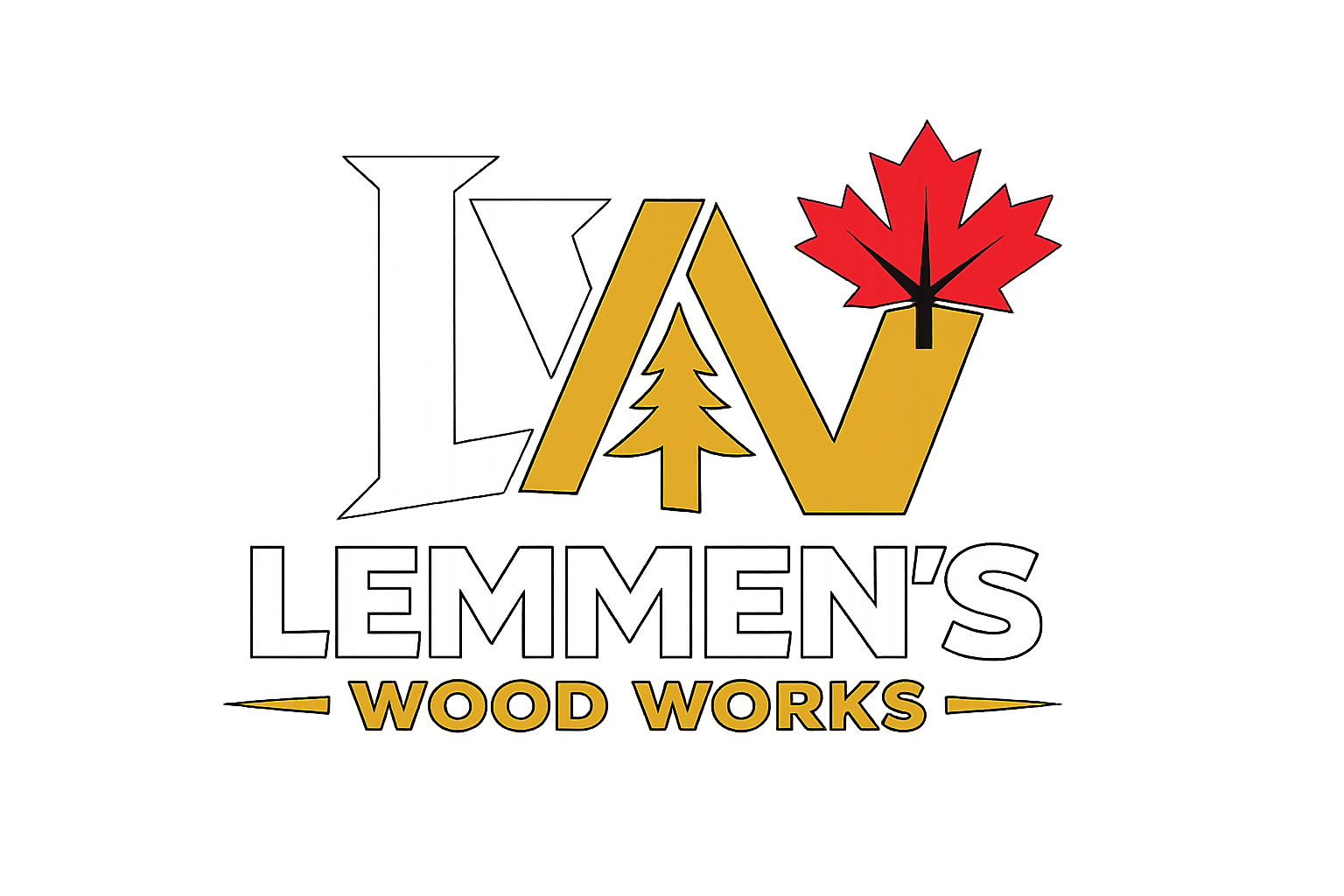 Logo for Liv Lemmen's Wood Works featuring stylized letters, a tree, and a red maple leaf.