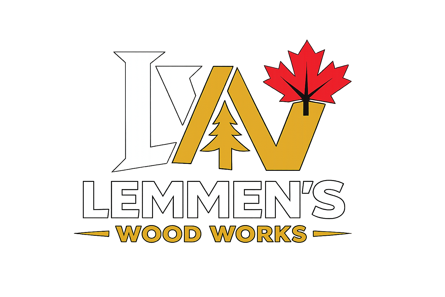 Logo for Lemmen's Wood Works featuring stylized letters, a pine tree, and a red maple leaf, with black, white, and yellow colors.