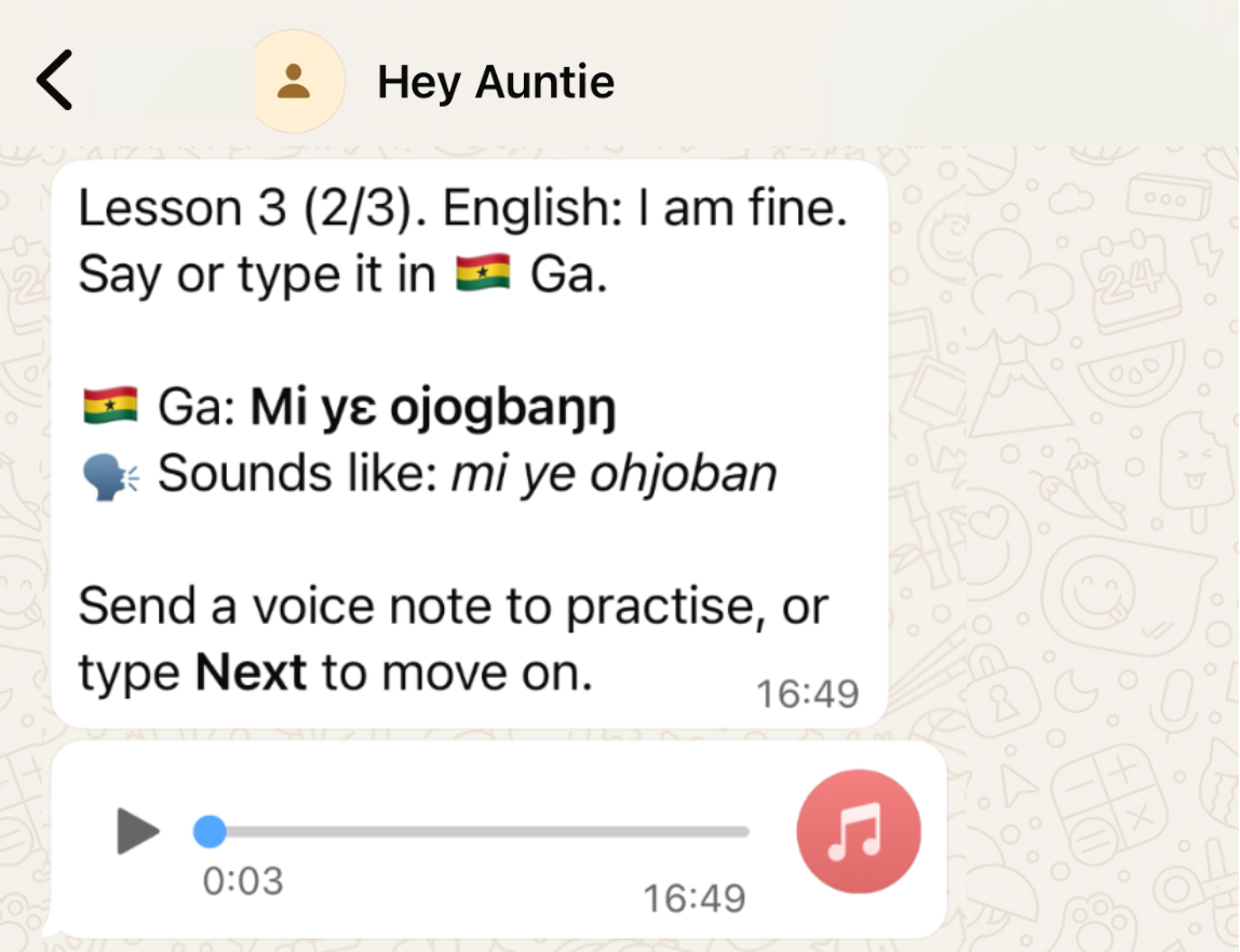 WhatsApp conversation thread with Hey Auntie showing Ga lesson