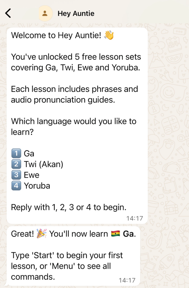 Screenshot of a WhatsApp message from Hey Auntie offering free language lessons in Ga, Twi, Ewe, and Yoruba, with options to select a language by replying with 1-4.
