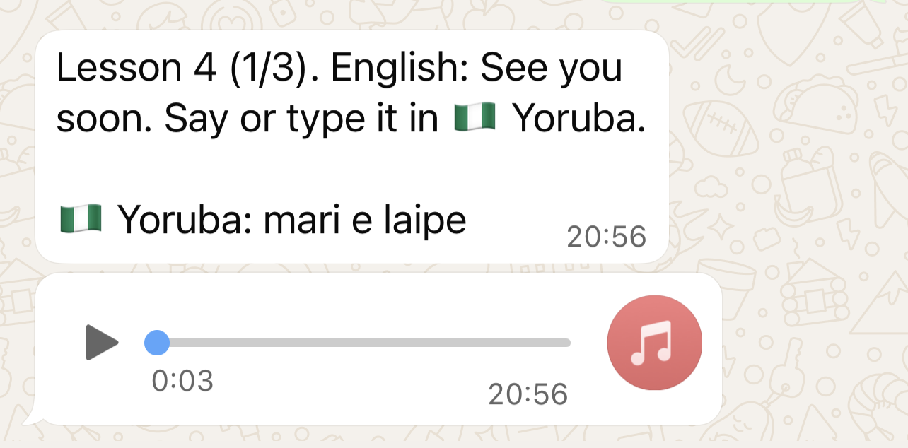 Screenshot of a messaging app showing a lesson about Yoruba language, including an audio playback button.