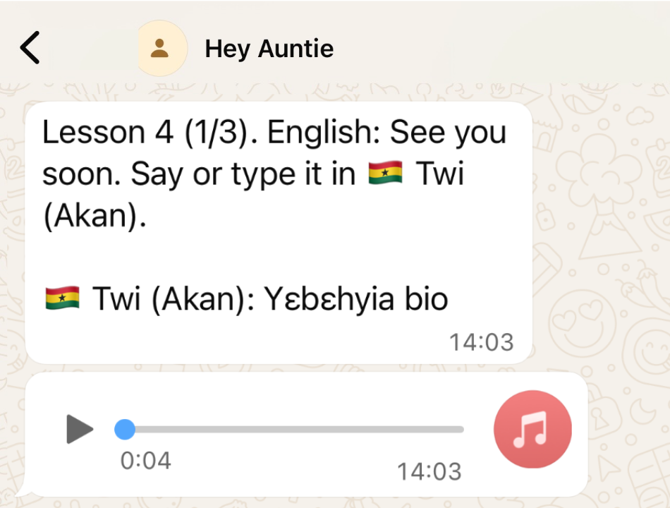 A WhatsApp chat message with text and emoji, showing a lesson in English and Twi, with an audio playback button.