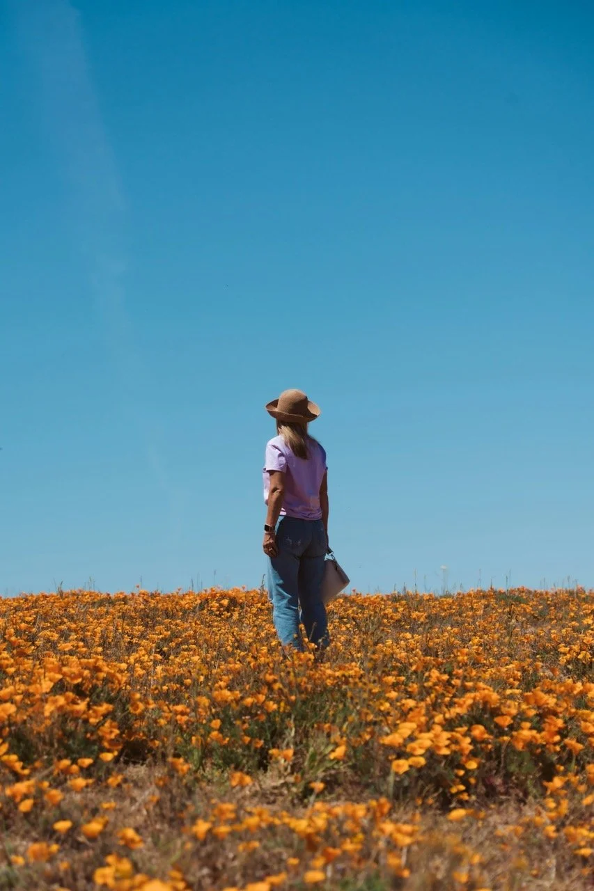 Woman standing in a field of orange flowers under a blue sky