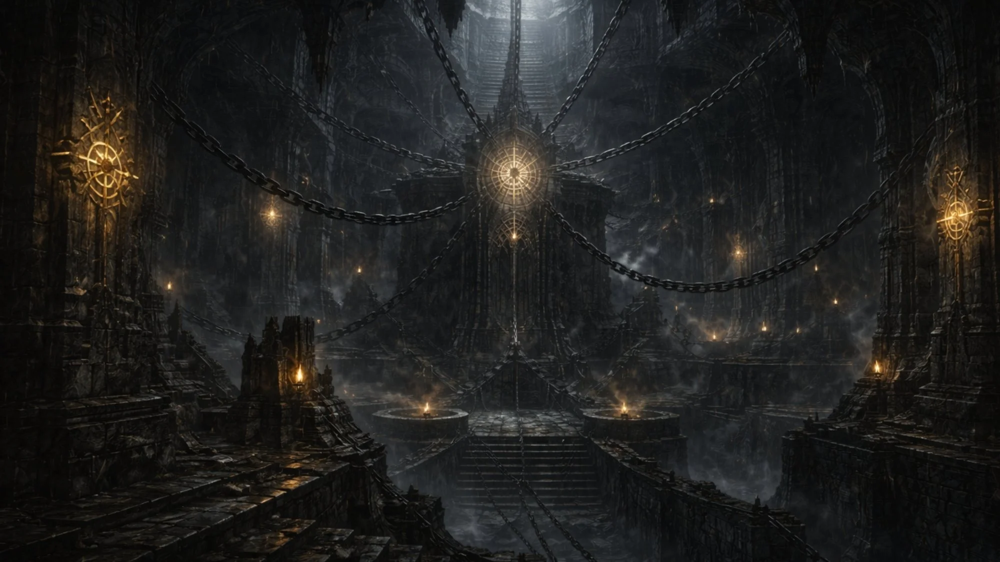Dark, gothic, medieval-style chamber with chains hanging from ceiling, glowing torches on stone pillars, and stairs leading to a central platform with a glowing symbol.