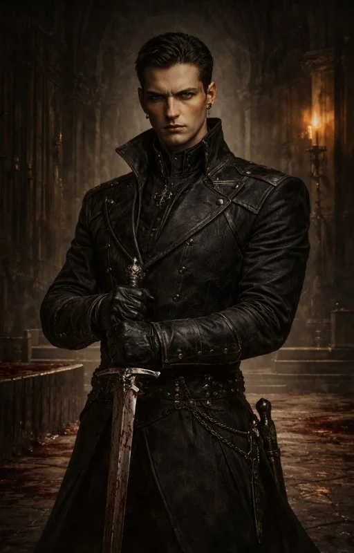 A young man with dark hair and intense expression, dressed in a black leather jacket and gloves, holding a bloodstained sword in a dark, medieval-style setting.