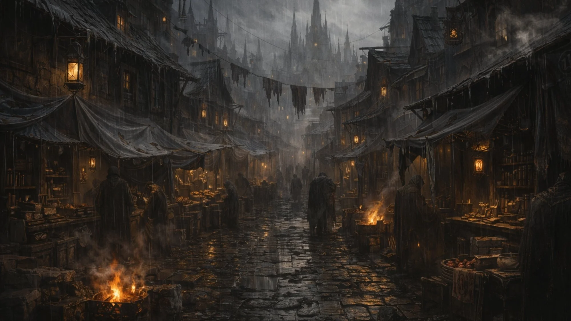 A dark, rainy marketplace with old wooden stalls and cobblestone street, illuminated by flickering lanterns and small fires, with shadowy figures browsing goods, and a Gothic-style castle in the distance.