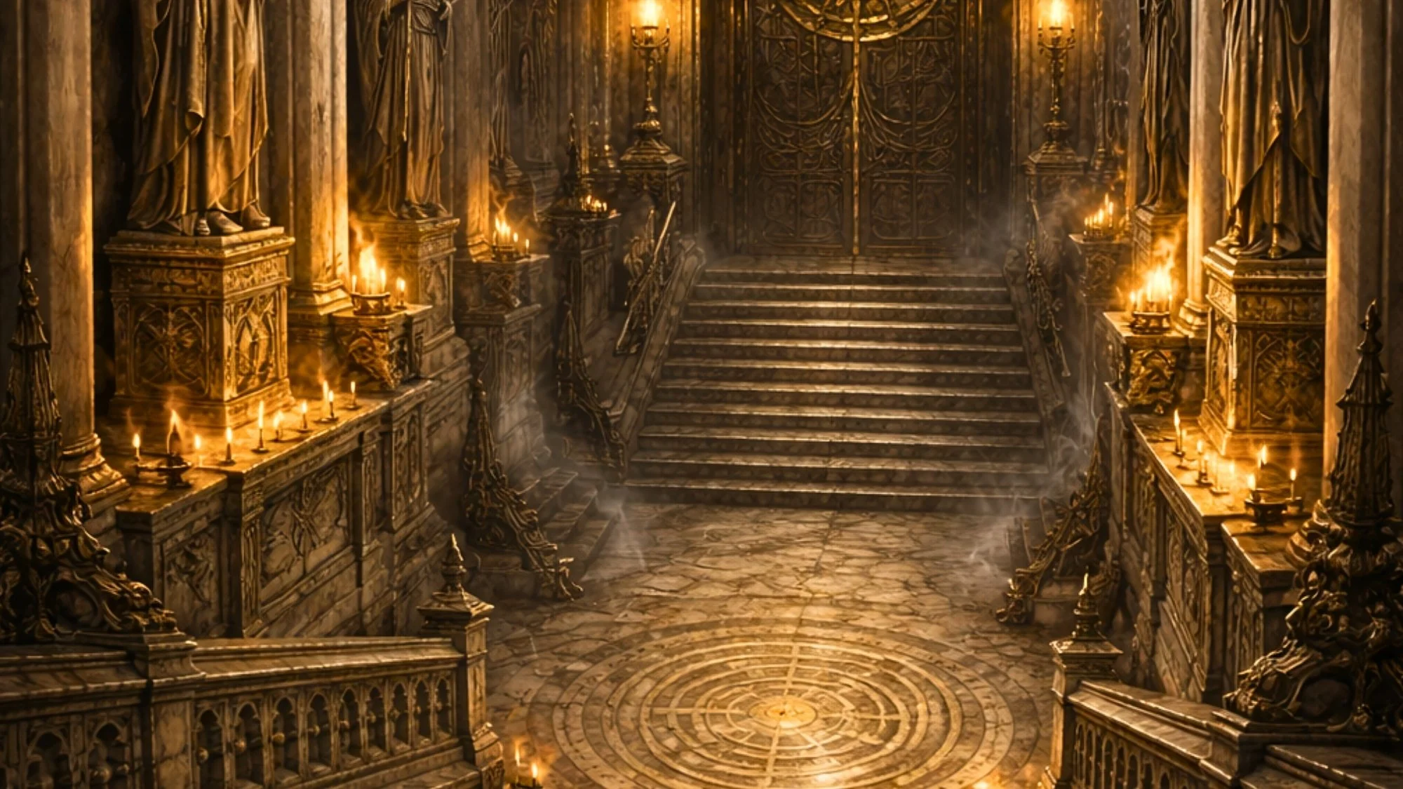 A grand staircase in a candle-lit hall with ornate gold decorations, detailed carvings, and columns, leading to a set of double doors.