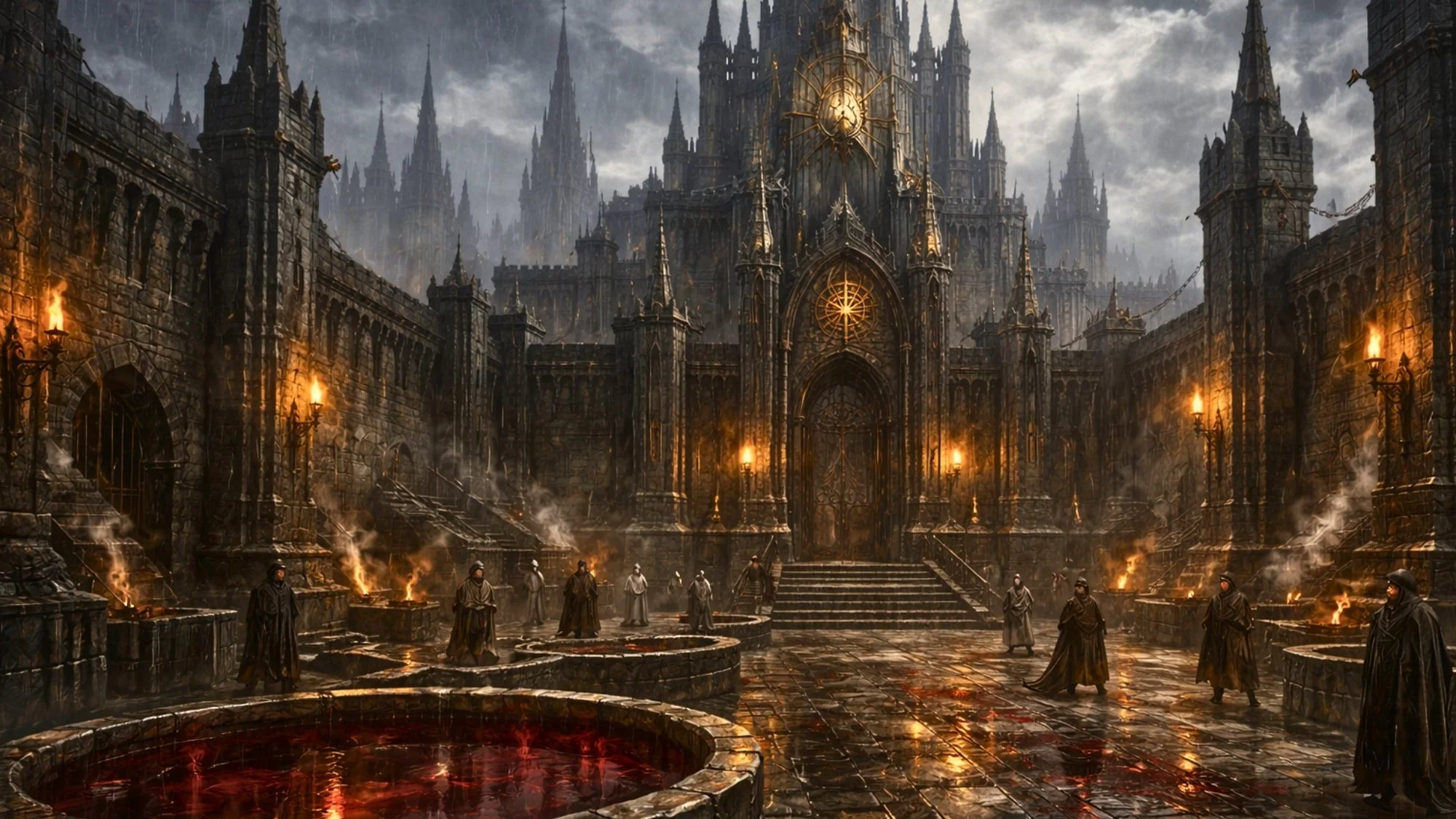 A dark, ominous castle with gothic architecture, surrounded by stormy skies. Several hooded figures stand near a fiery, blood-red pool in the courtyard, with flames and smoke rising from the surroundings.