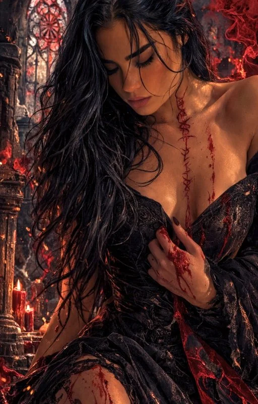 A woman with long black hair in a dark, gothic setting with red lighting. She is wearing a black lace dress with bloodstains, and has blood on her hand and chest. She appears to be looking down with a somber expression.