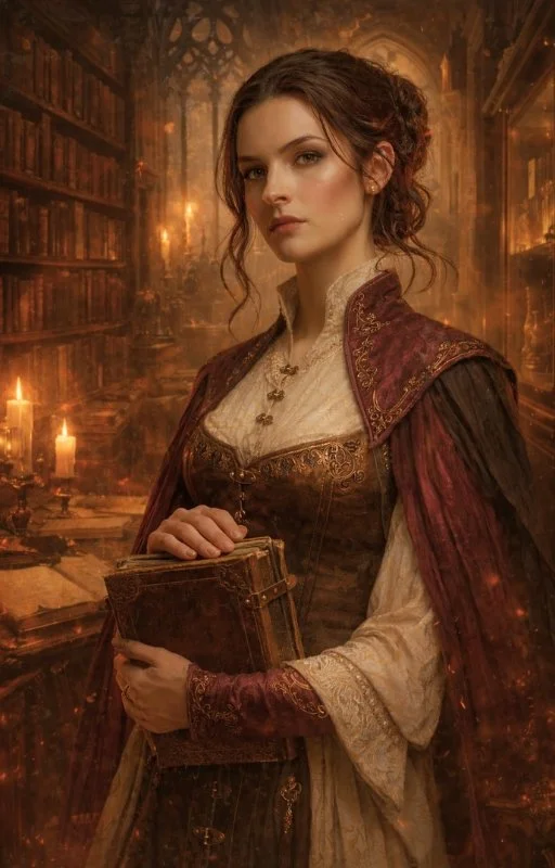 Young woman in medieval clothing standing in a dimly lit library or study with shelves of books and candles.