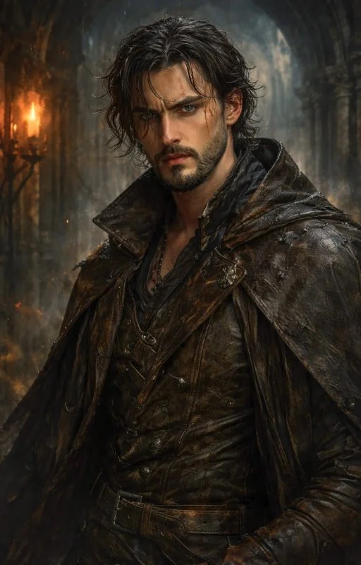 A man with long, messy hair and a beard wearing a weathered leather coat standing in a dark, rainy scene with flames and an arched doorway in the background.