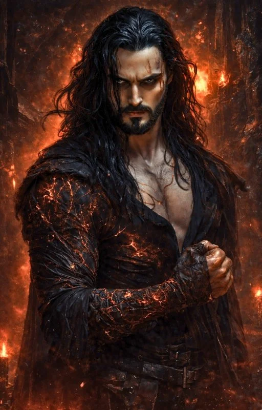 A man with long dark hair and a beard, dressed in a black shirt with the top buttons open, standing in front of a fiery background.