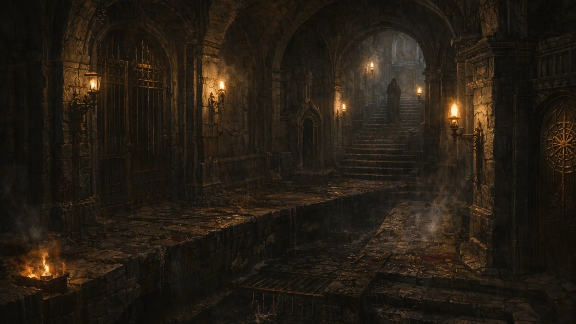 Dark, medieval castle hallway with stone walls, lit by torches and lanterns. There are stairs leading upward with a cloaked figure standing at the top, and a damaged bridge over a water-filled pit in the foreground.