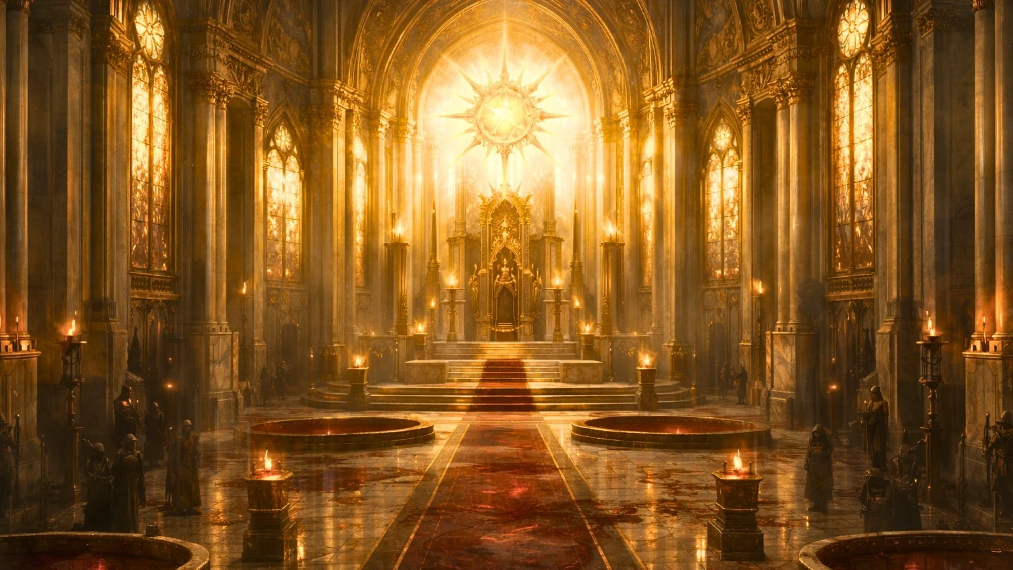 A grand, ornate cathedral-like hall illuminated with a golden glow, featuring tall stained glass windows, a regal throne on a raised platform, and an elaborate sunburst ceiling centerpiece.