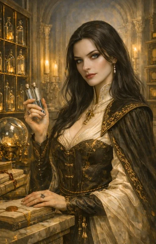 A woman dressed in medieval or fantasy-style clothing in a richly decorated apothecary or alchemist's lab, holding test tubes and surrounded by glass jars and ancient books.