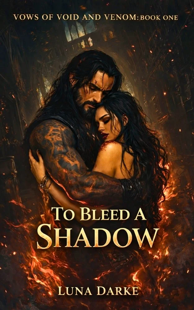 Book cover for 'To Bleed a Shadow' by Luna Darke, featuring a dark-haired man and woman embracing amidst fiery and smoky background, with the title and author displayed.