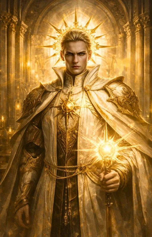 A woman dressed as a regal, magical queen with golden armor and a glowing staff, surrounded by a radiant golden aura in a grand, cathedral-like hall.